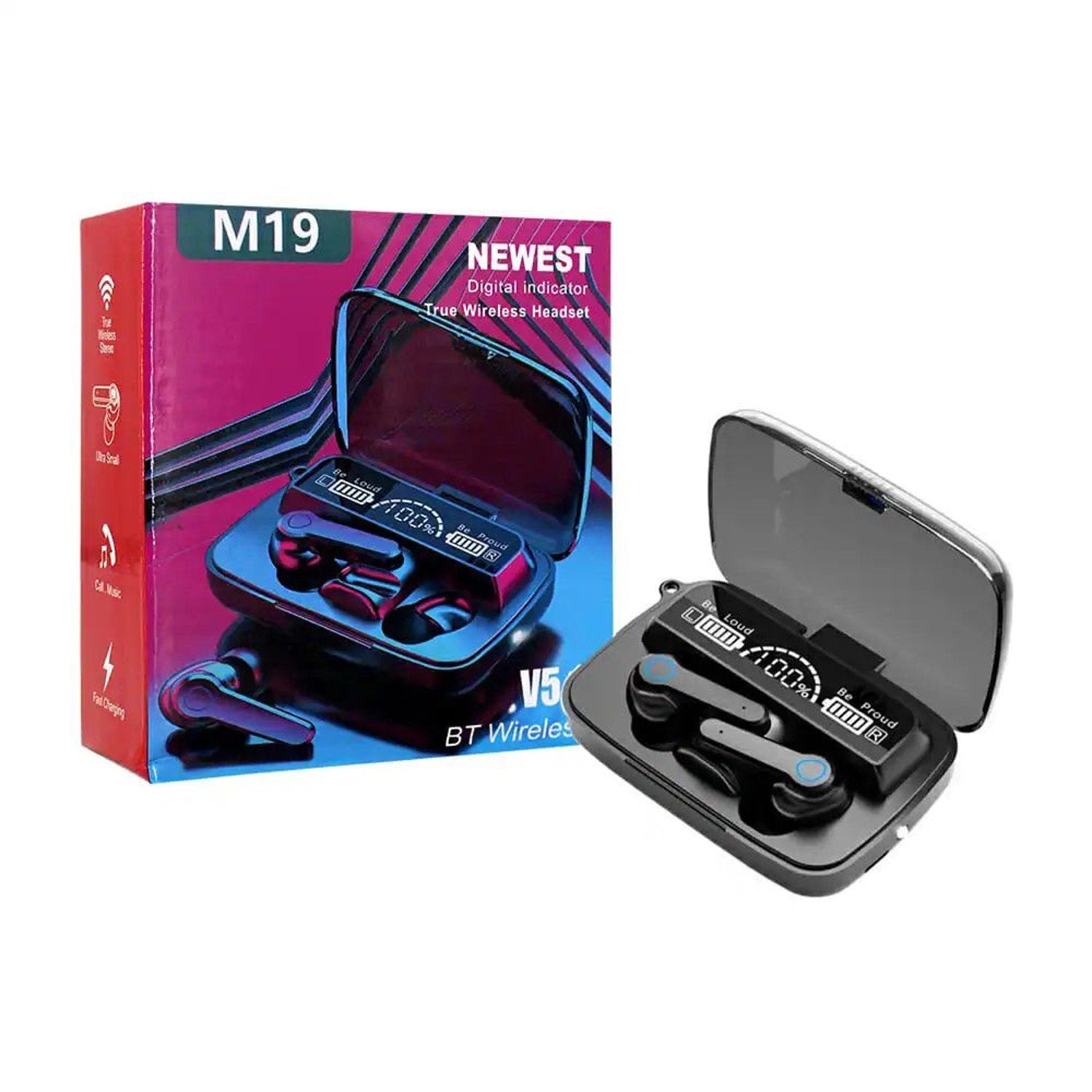 AURICULARES INALÁMBRICOS M19 CON PANTALLA LED, MICRÓFONO Y SONIDO ESTÉREO